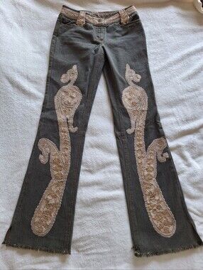 Vtg Y2K Plenty by Tracy Reese Lace Waist Seamed Knee Flare Jeans Size 4 (32)